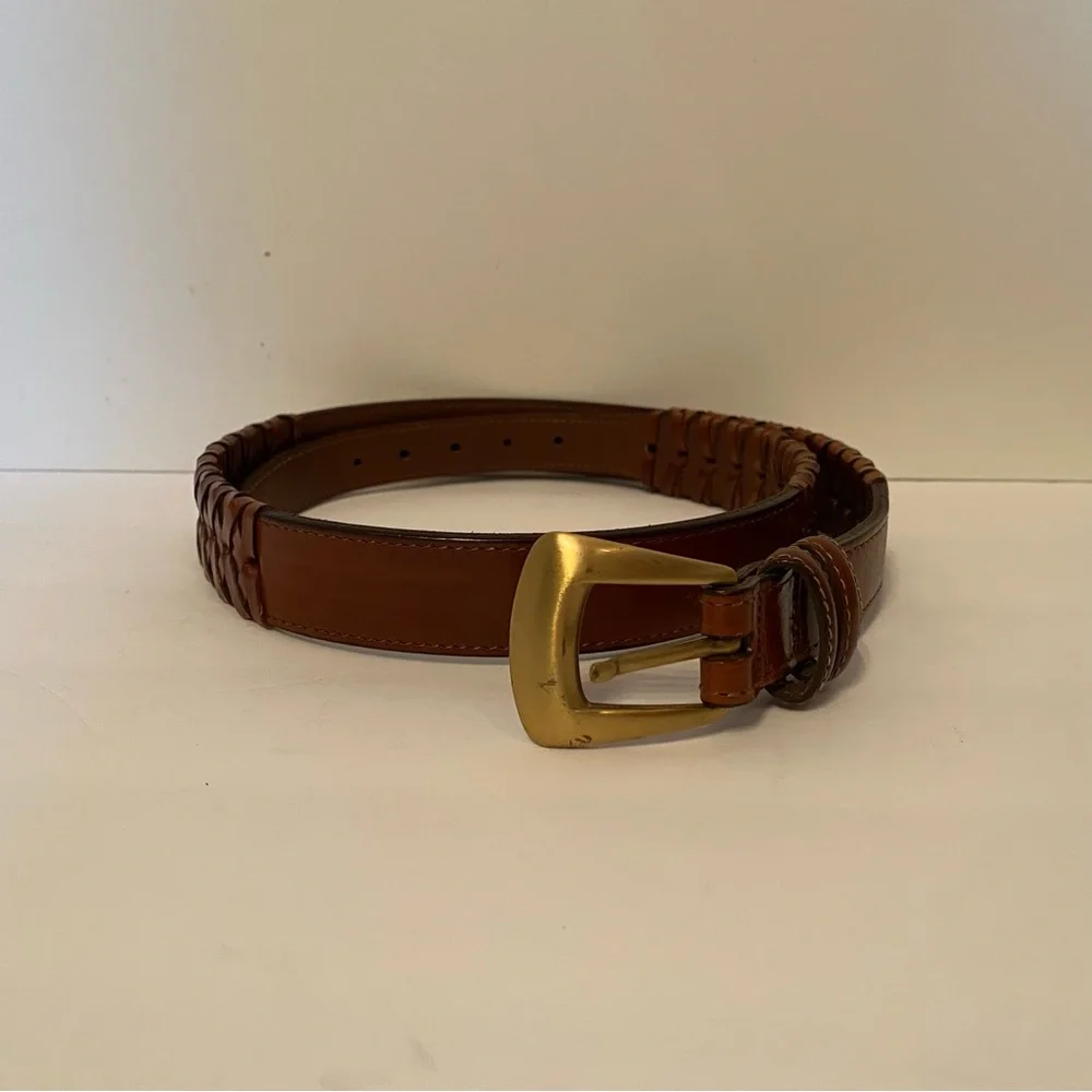 TORINO BELT BROWN LEATHER WOVEN & SMOOTH USA GOLD TONE ITALY BUCKLE SIZE 38